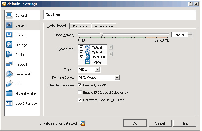 Screenshot of VirtualBox Settings