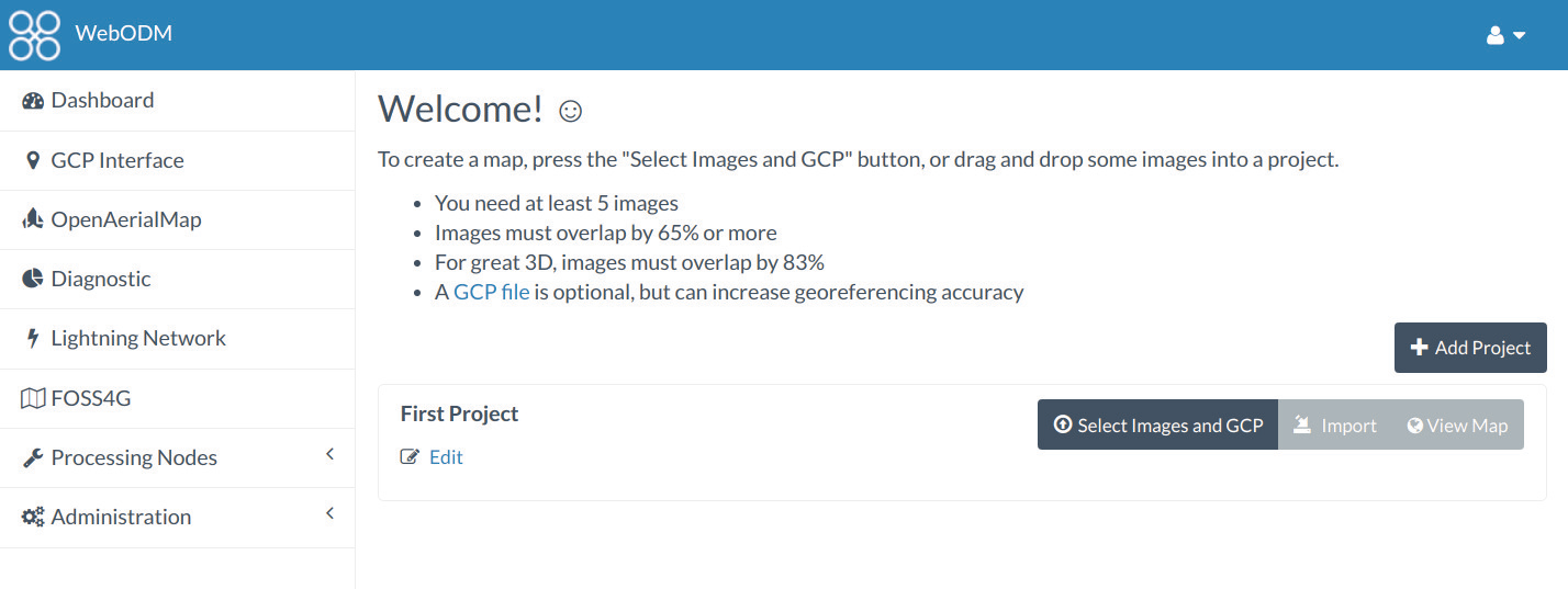 Screenshot of WebODM Dashboard