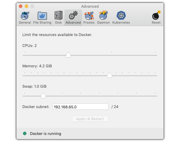 Snímek obrazovky pokročilého nastavení Docker
