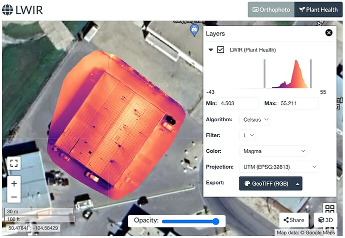 Screen shot of thermal imagery as displayed in WebODM
