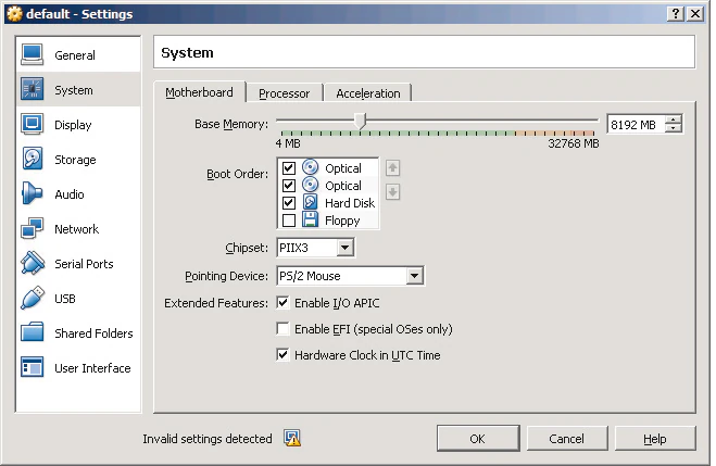 Screenshot of VirtualBox Settings